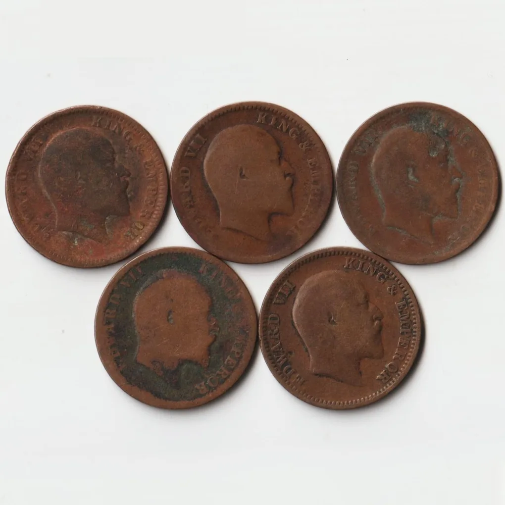 Rare 5 Coins Set of One Quarter Anna 1903 to 1910 Copper Coin of King Edward VII British India Coinage