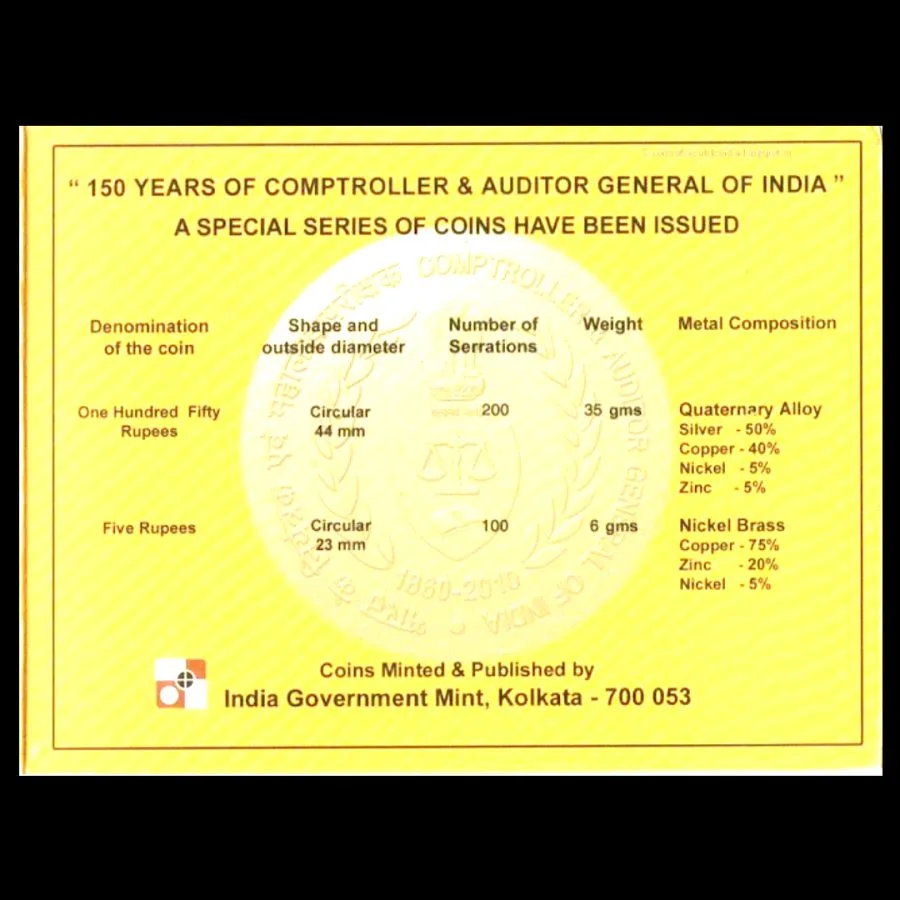50 Years Of Comptroller & Auditor 2010 Proof Set 150 Ruppes and 5 Ruppes Coin Set Kolkata Mint issue