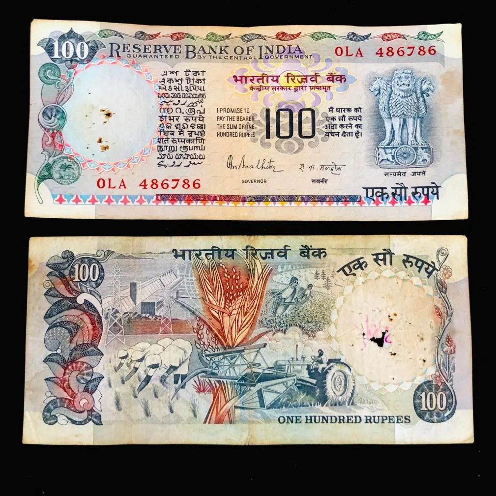 Rs 100 India Banknote 1980s Issue Ending 786 Cobalt Crisp Collectible Quality Unique and Rare