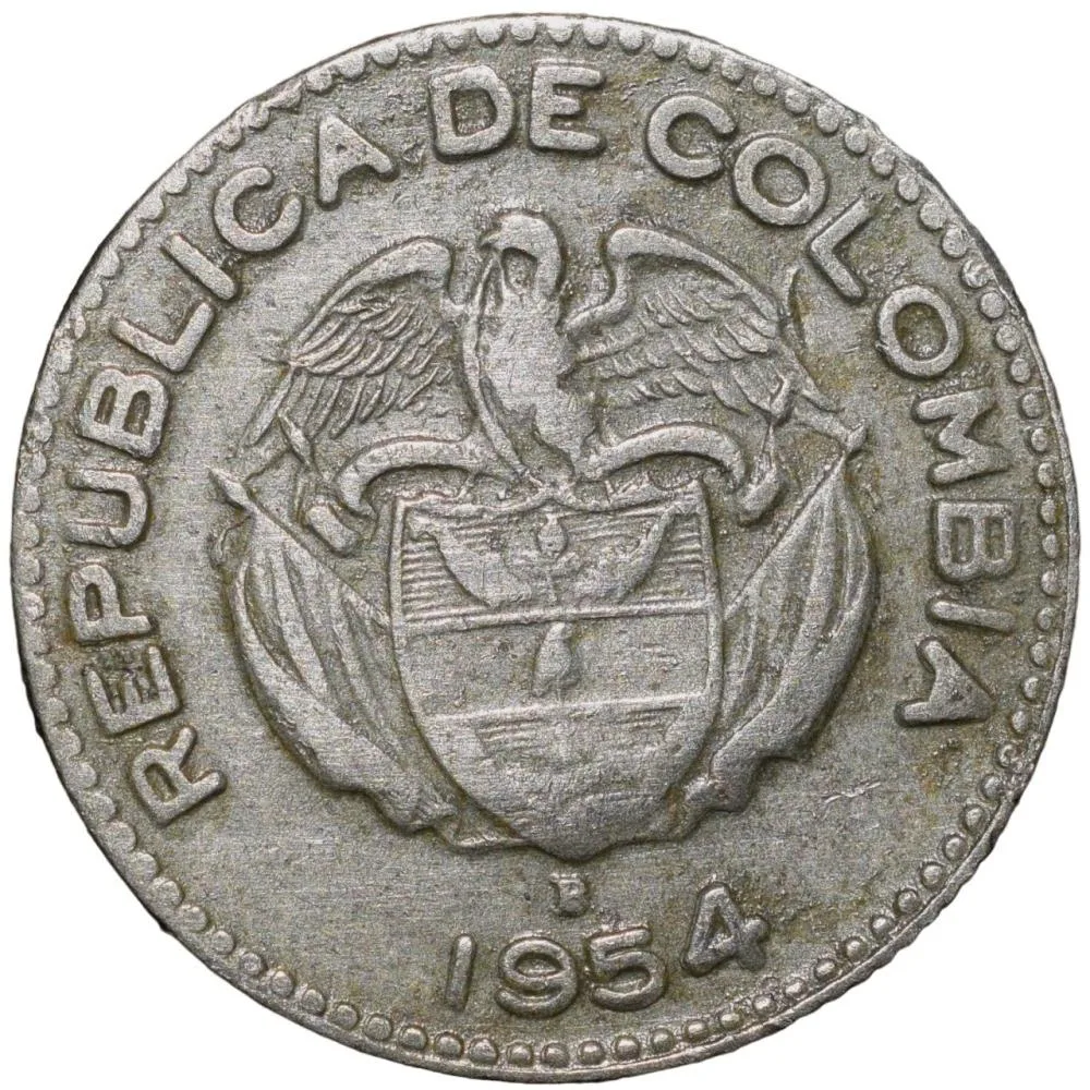 Old Copper-Nickel 10 Pesos of Colombia Country (AD 1954) with portrait of Indio Chief