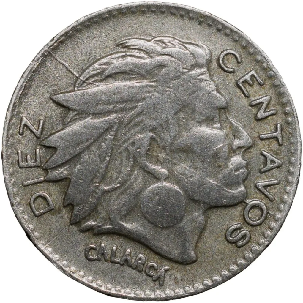 Old Copper-Nickel 10 Pesos of Colombia Country (AD 1964) with portrait of Indio Chief