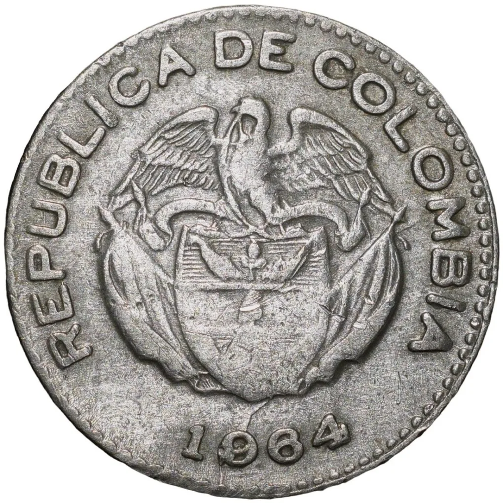 Old Copper-Nickel 10 Pesos of Colombia Country (AD 1964) with portrait of Indio Chief