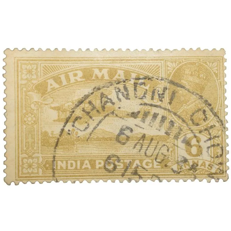 Airmail Stamp of George V 6 Annas of Yellow-Bistre Colour - Chandani Chowk Cancellation - Used Condi