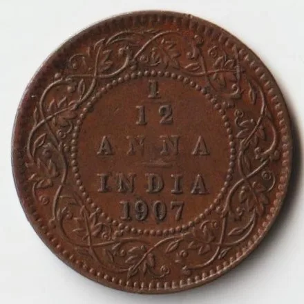 Extremely Fine Grade 1/12 Anna 1907 Copper Coin of Edward VII British India Coinage