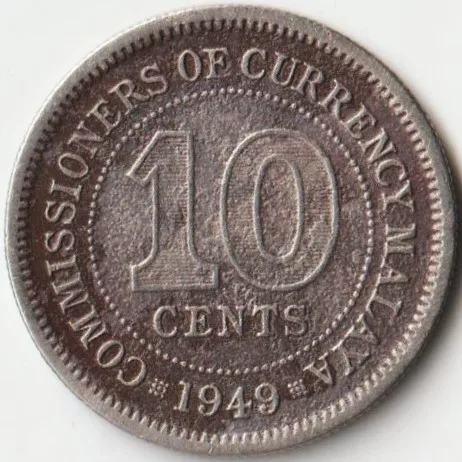 Malaya Ten Cents 1949 Copper-Nickel Coins of George VI Collectible Coins of Malaysia