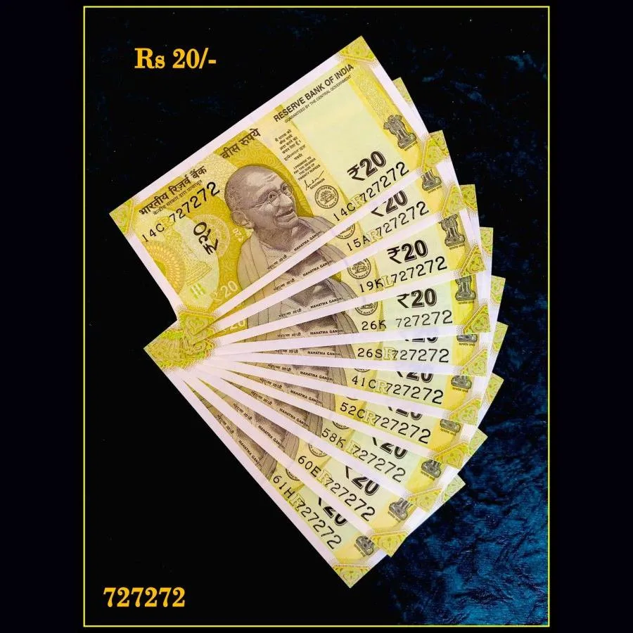 Rs 20 India Banknote Triple Number 10 Note Set Number 727272 Gem Unc Very Unique and Rare