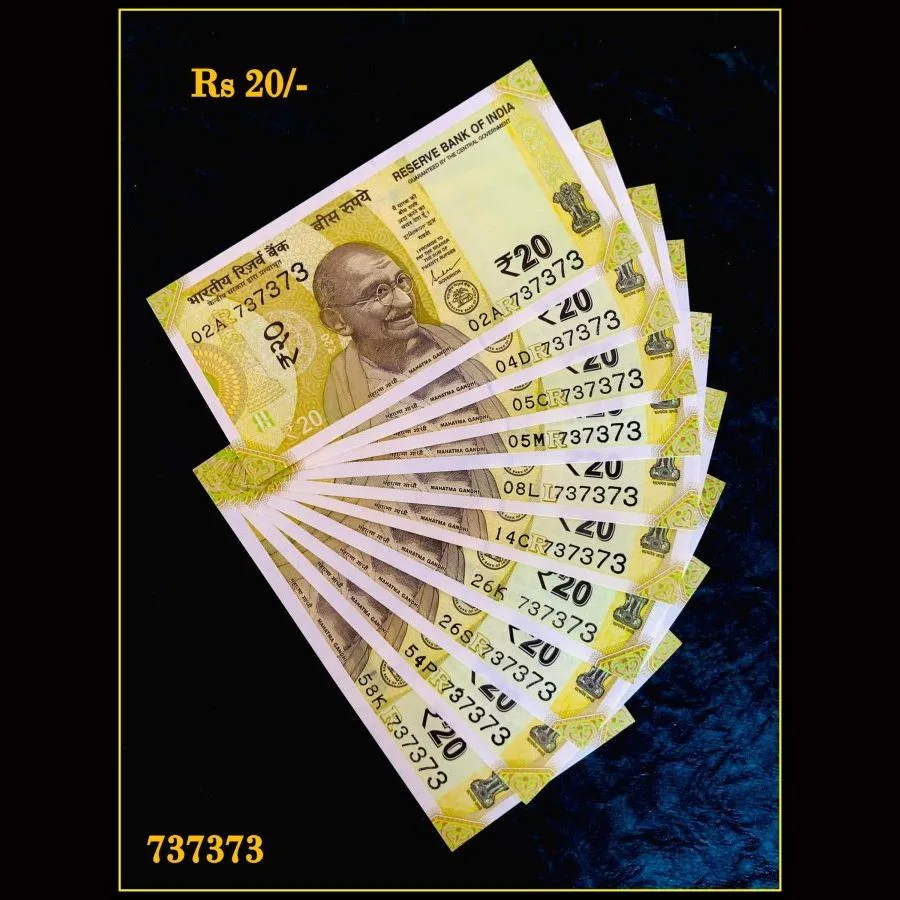 Rs 20 India Banknote Triple Number 10 Note Set Number 737373 Gem Unc Very Unique and Rare