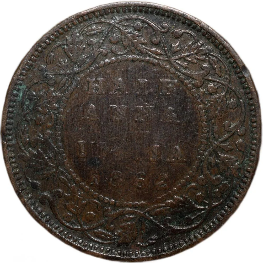 Copper 1/2 Anna of Victoria Queen (AD 1862) of Madras Mint Bust Type A Slanting Top 1 (PR # 577) Rare