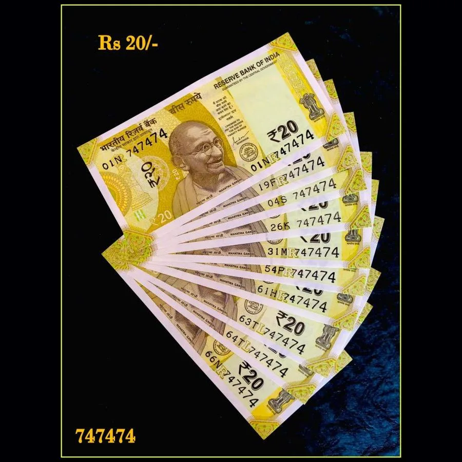 Rs 20 India Banknote Triple Number 10 Note Set Number 747474 Gem Unc Very Unique and Rare