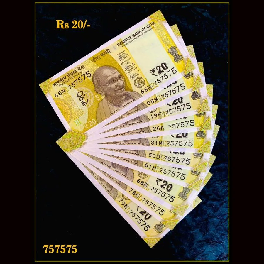 Rs 20 India Banknote Triple Number 10 Note Set Number 757575 Gem Unc Very Unique and Rare