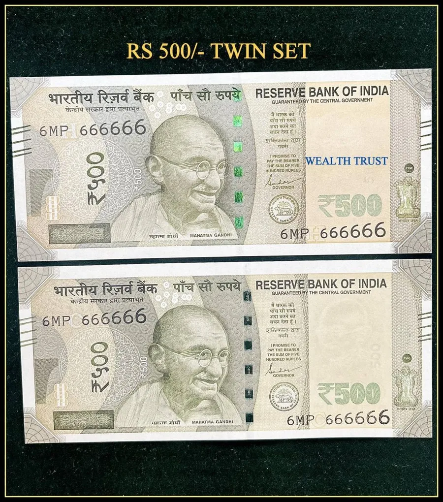 Rs 500 Twin Pair Gem Unc Very Unique Banknote Set Super Solid Number 6MP 666666