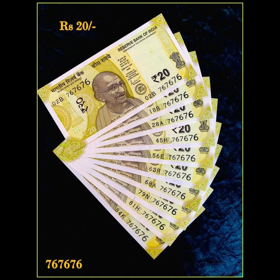 Rs 20 India Banknote Triple Number 10 Note Set Number 767676 Gem Unc Very Unique and Rare