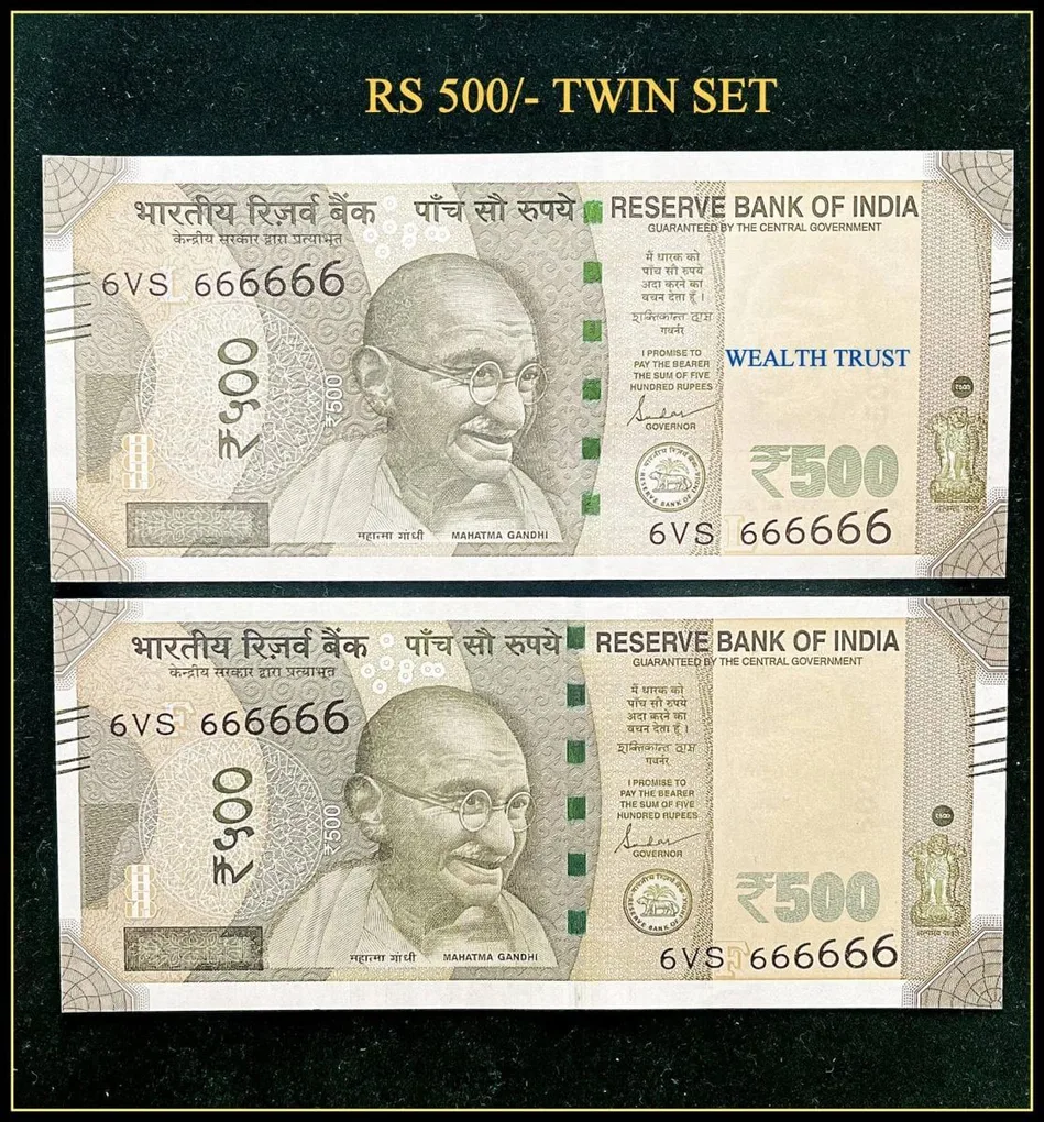 Rs 500 Twin Pair Gem Unc Very Unique Banknote Set Super Solid Number 6VS 666666