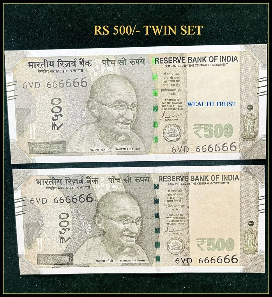 Rs 500 Twin Pair Gem Unc Very Unique Banknote Set Super Solid Number 6VD 666666