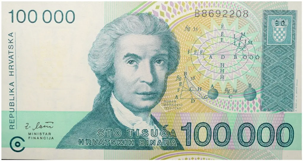 100000 Dinar of Croatia Country (AD 1991-1994) with Sculpture "Provijest Hrvata"(1932), also known as Glagolica or Mother Croatia