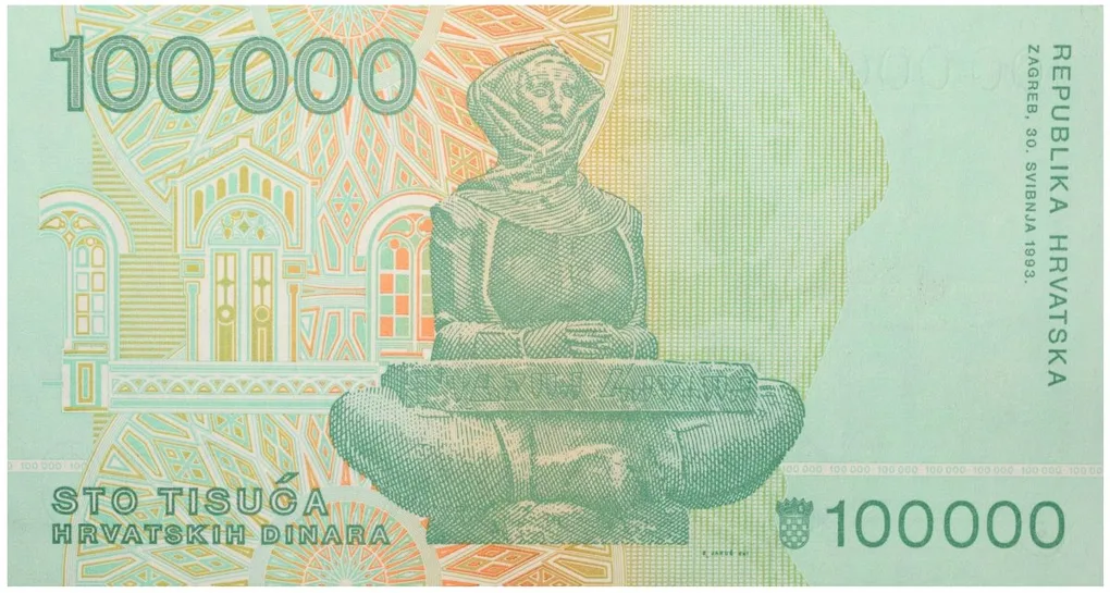100000 Dinar of Croatia Country (AD 1991-1994) with Sculpture "Provijest Hrvata"(1932), also known as Glagolica or Mother Croatia