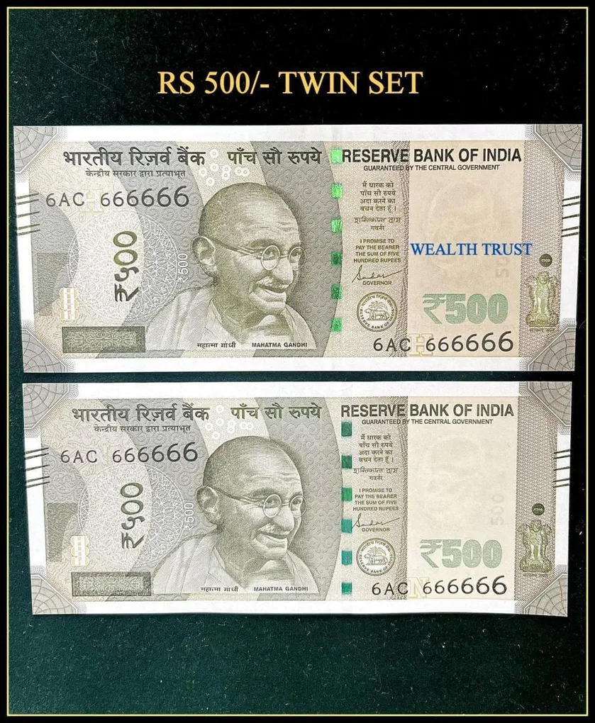 Rs 500 Twin Pair Gem Unc Very Unique Banknote Set Super Solid Number 6AC 666666