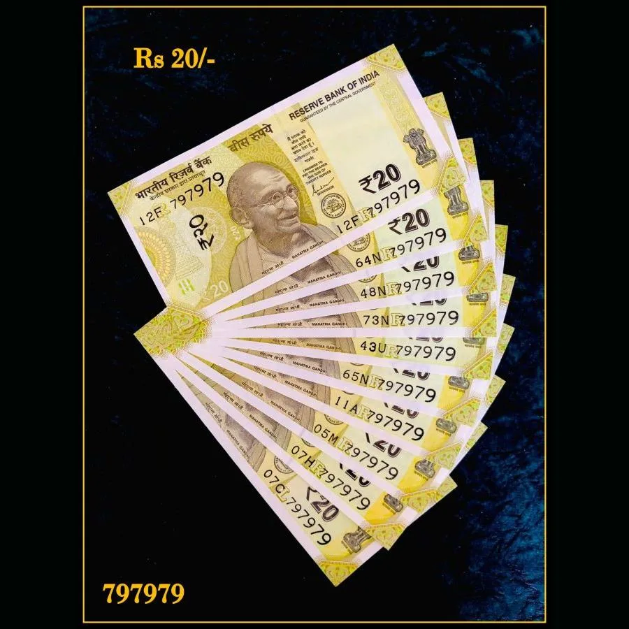 Rs 20 India Banknote Tripling Solid Fancy 10 Note Set 797979 Gem Unc Unique and Rare