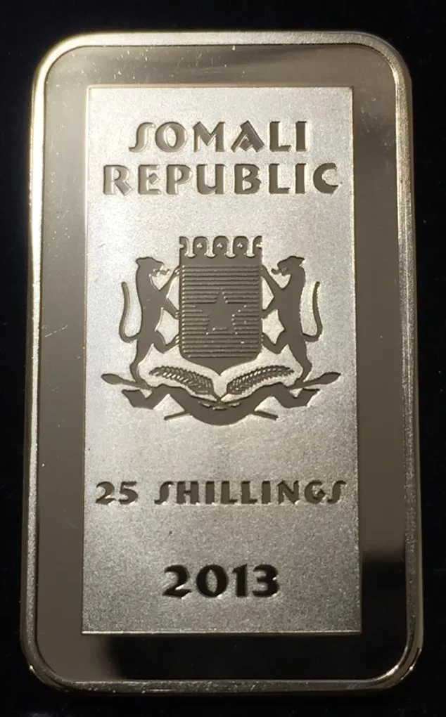 Somalia 2013 Goldplated Color Rectangular 25 shilling-Fauna-Tiger With Capsool Unc #G4