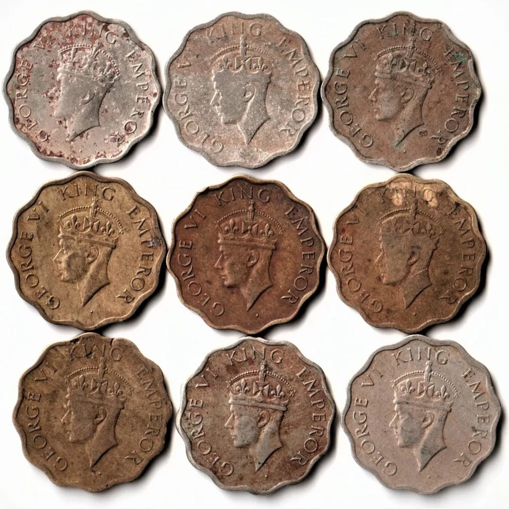 Rare 9 Coins Set of One Anna 1939 to 1947 Copper-Nickel Coin of Calcutta Mint King George VI British India Coinage