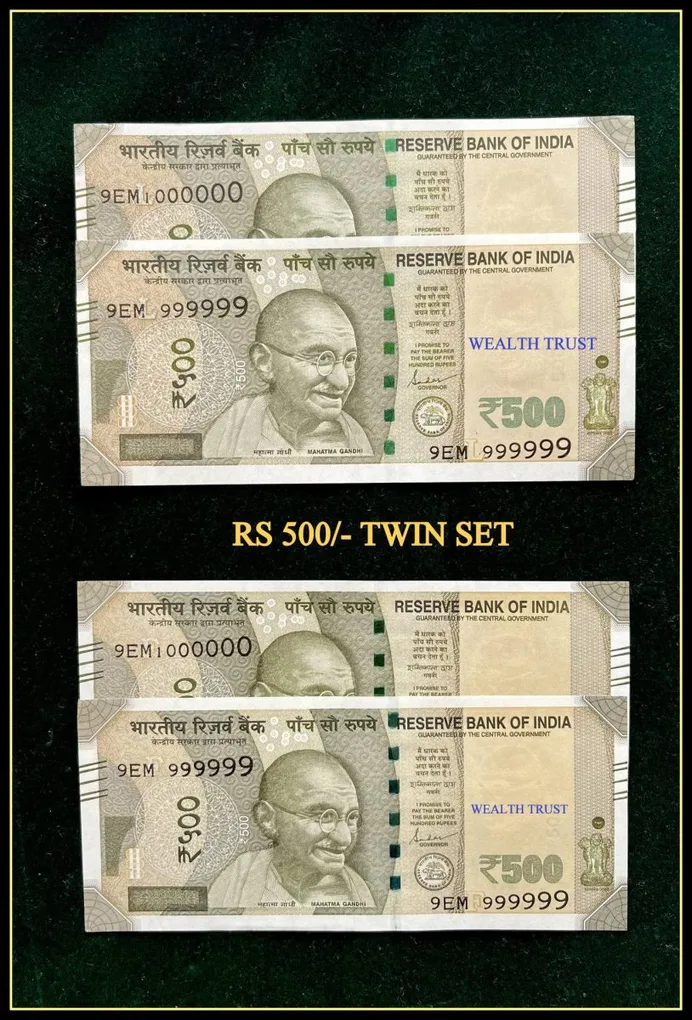 Rs 500 Twin Pair Gem Unc Very Unique Banknote Set Solid Number 9EM 999999 & 1 Million