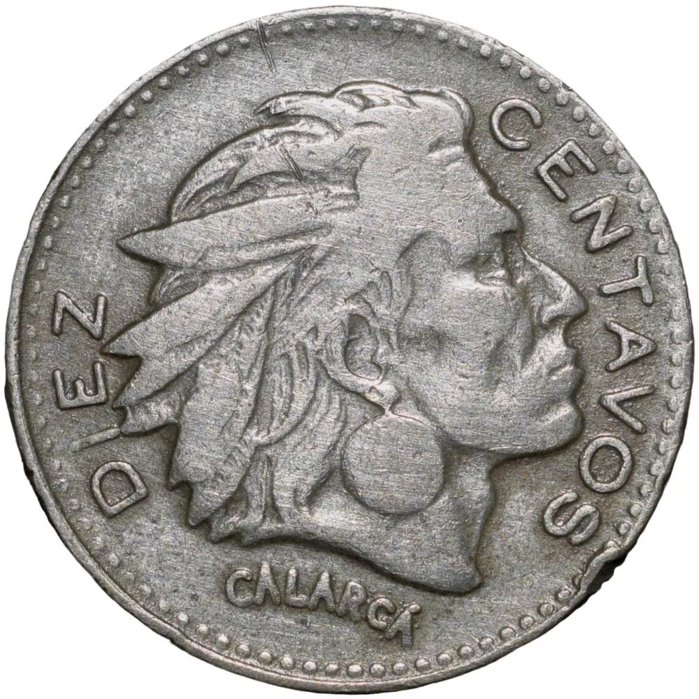 Old Copper-Nickel 10 Pesos of Colombia Country (AD 1959) with portrait of Indio Chief