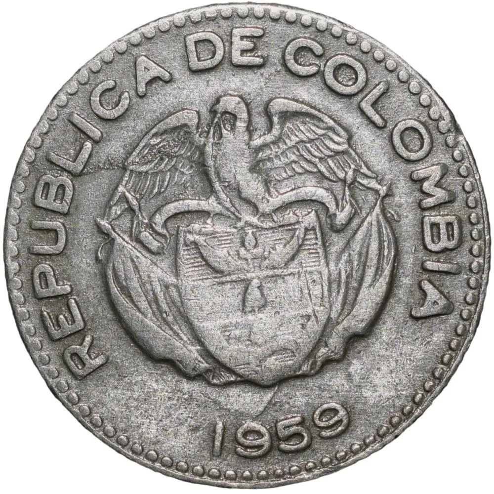 Old Copper-Nickel 10 Pesos of Colombia Country (AD 1959) with portrait of Indio Chief
