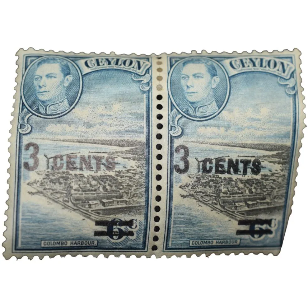 Postal Stamp of Ceylon(Sri Lanka) of George VI 6 Cents Cancelled to 3 Cents Block of 2 Stamps of Blu