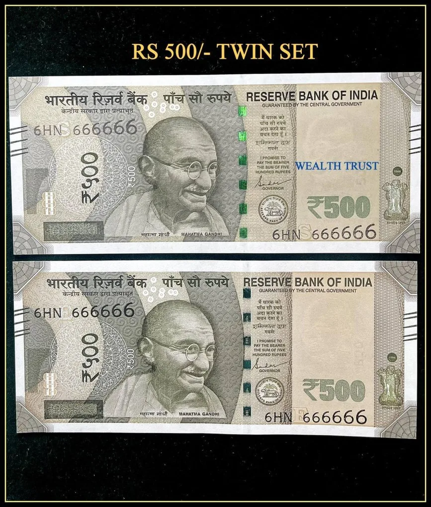 Rs 500 Twin Pair Gem Unc Very Unique Banknote Set Super Solid Number 6HN 666666