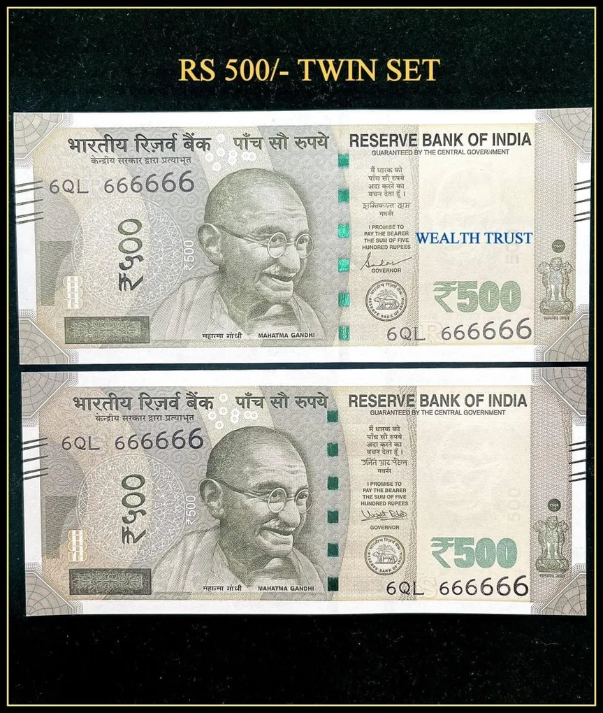 Rs 500 Twin Pair Gem Unc Very Unique Banknote Set Super Solid Number 6QL 666666