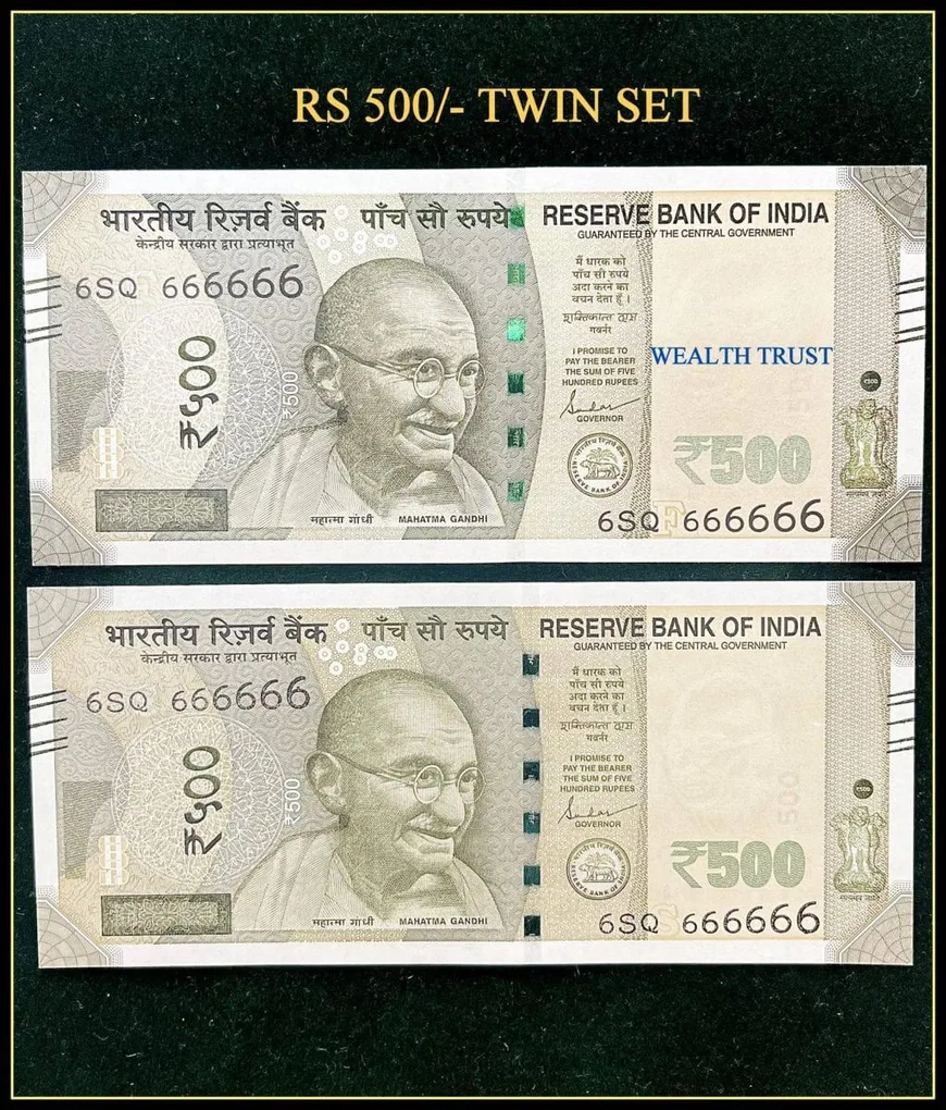 Rs 500 Twin Pair Gem Unc Very Unique Banknote Set Super Solid Number 6SQ 666666