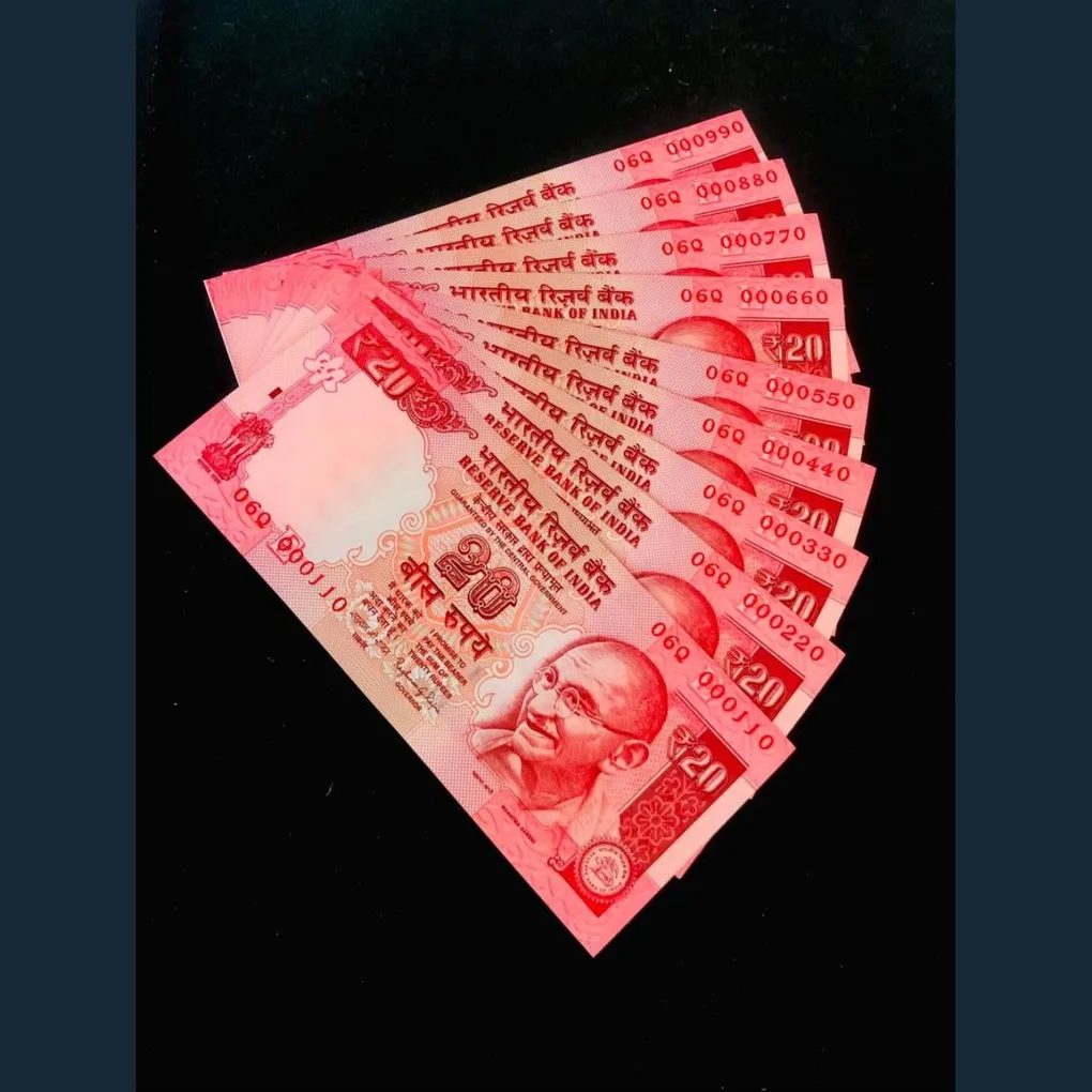 Rs 20 India Banknote Fancy Numbers Set 000110 to 000990 Gem Unc Small Font Issue
