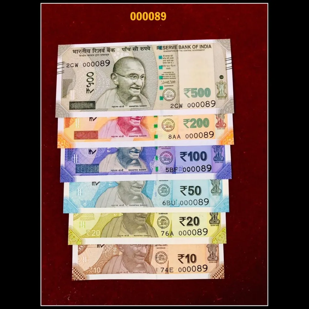 Rs 10 to 500 India Banknote Solid Fancy Set 000089 Gem Unc Unique Collection Rare
