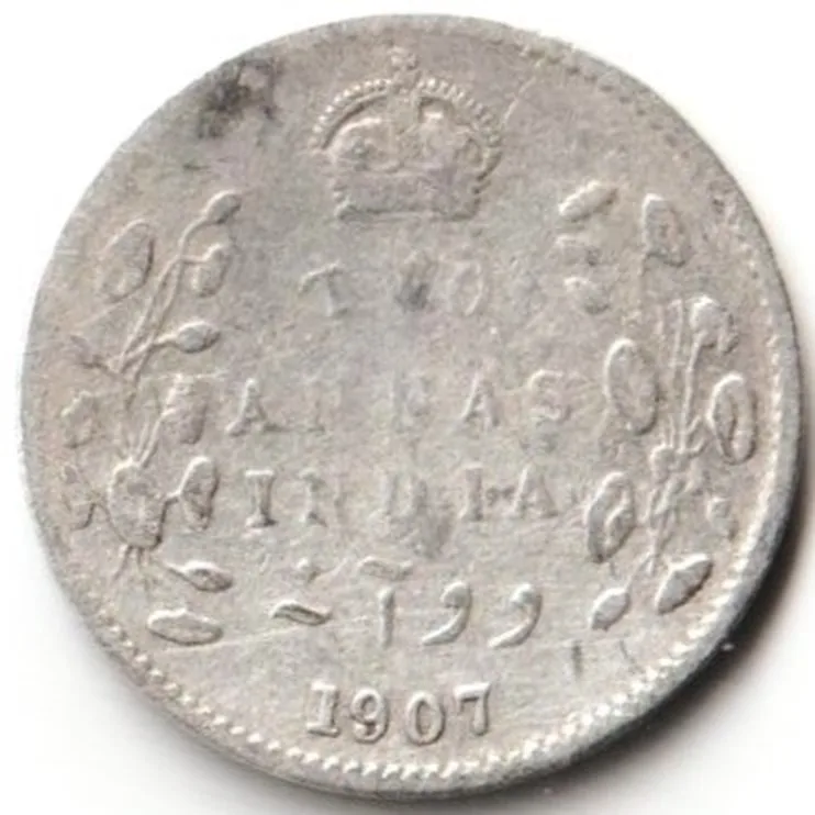 Scare Two Anna 1907 of Edward Vii King Empress Silver Small British India Coin Beautiful Coin