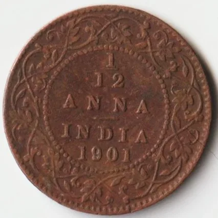 Extremely Rare 1/12 Anna 1901 Copper Coin of Victoria Empress British India Coinage