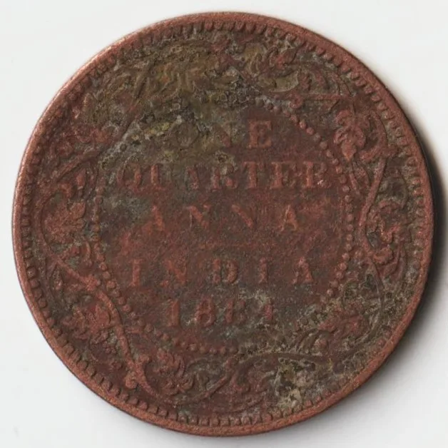Rare One Quarter Anna 1884 Copper Coin of Queen Victoria British India Coinage