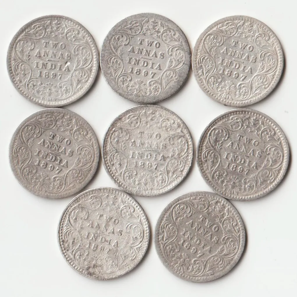 Rare Two Anna 1897 Victoria Empress Silver Coin of British India Coiange Randomly Single Coin given from a Lot