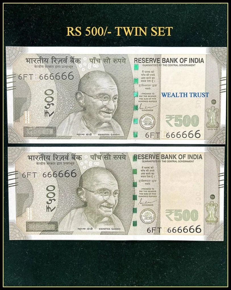 Rs 500 Twin Pair Gem Unc Very Unique Banknote Set Super Solid Number 6FT 666666