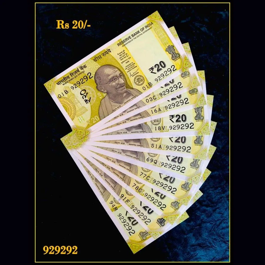 Rs 20 India Banknote Triple Number 10 Note Set Number 929292 Gem Unc Very Unique and Rare