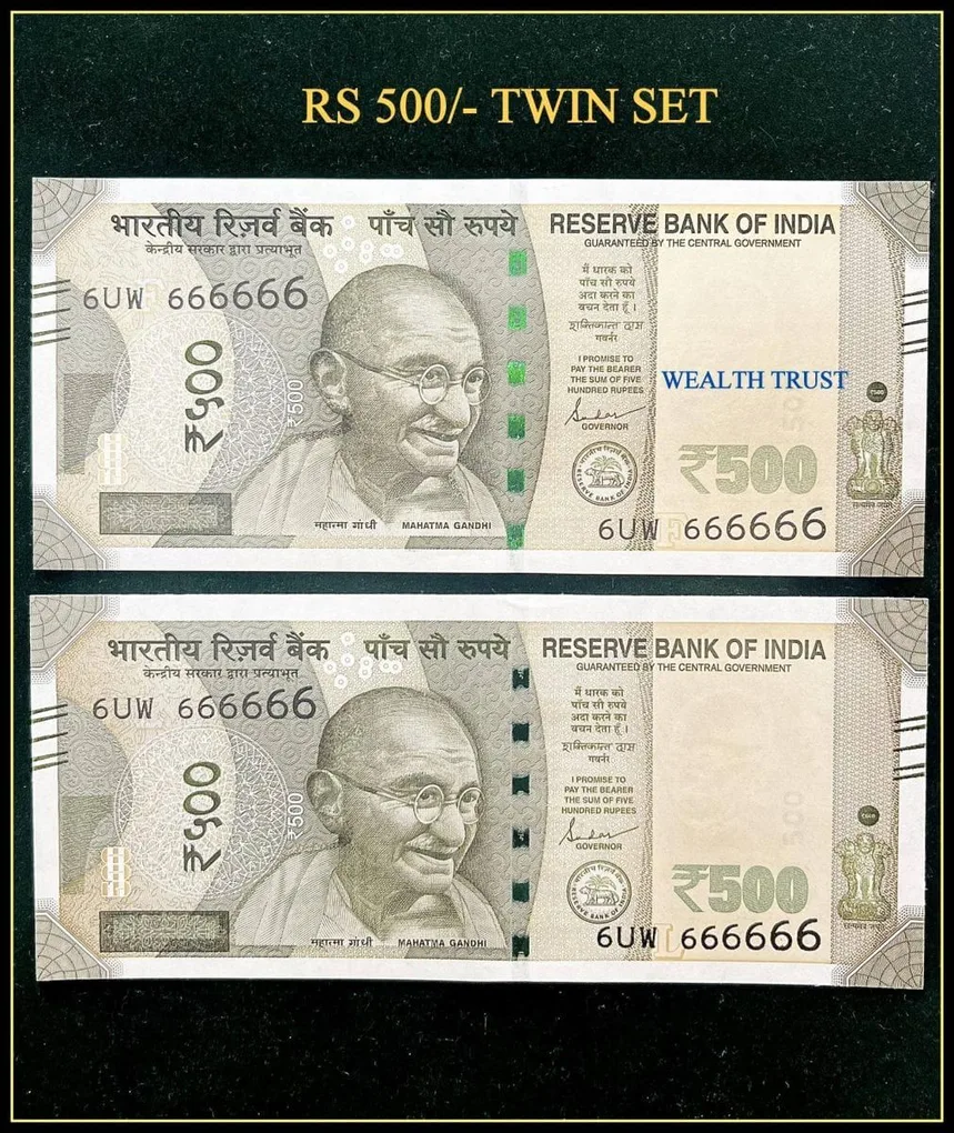 Rs 500 Twin Pair Gem Unc Very Unique Banknote Set Super Solid Number 6UW 666666