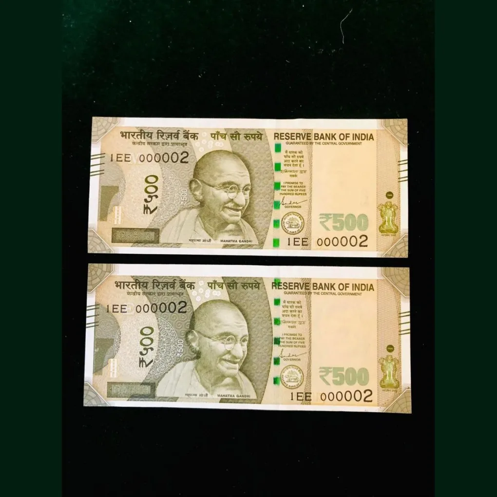 Rs 500 India Banknote Twin Pair 1EE 000002 Set Low Serial Number Collection Unique and Rare