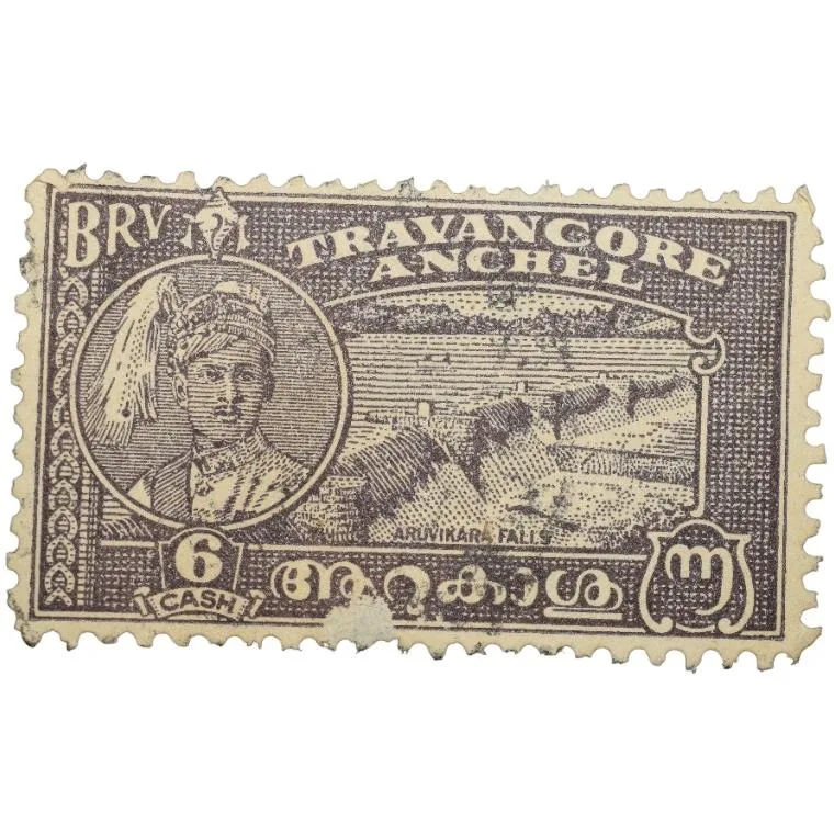 Postal Stamp of Travancore Anchel State 6 CashBlack Colour - Aruvikar Falls - Used Condition as per