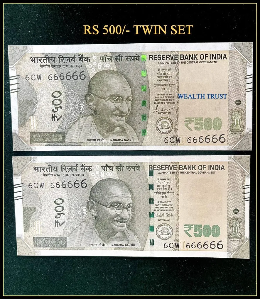 Rs 500 Twin Pair Gem Unc Very Unique Banknote Set Super Solid Number 6CW 666666