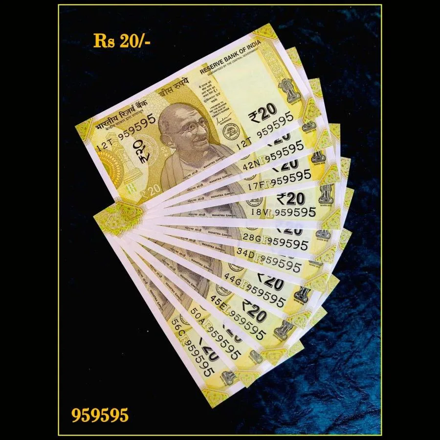 Rs 20 India Banknote Triple Number 10 Note Set Number 959595 Gem Unc Very Unique and Rare