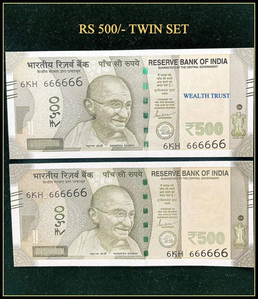 Rs 500 Twin Pair Gem Unc Very Unique Banknote Set Super Solid Number 6KH 666666