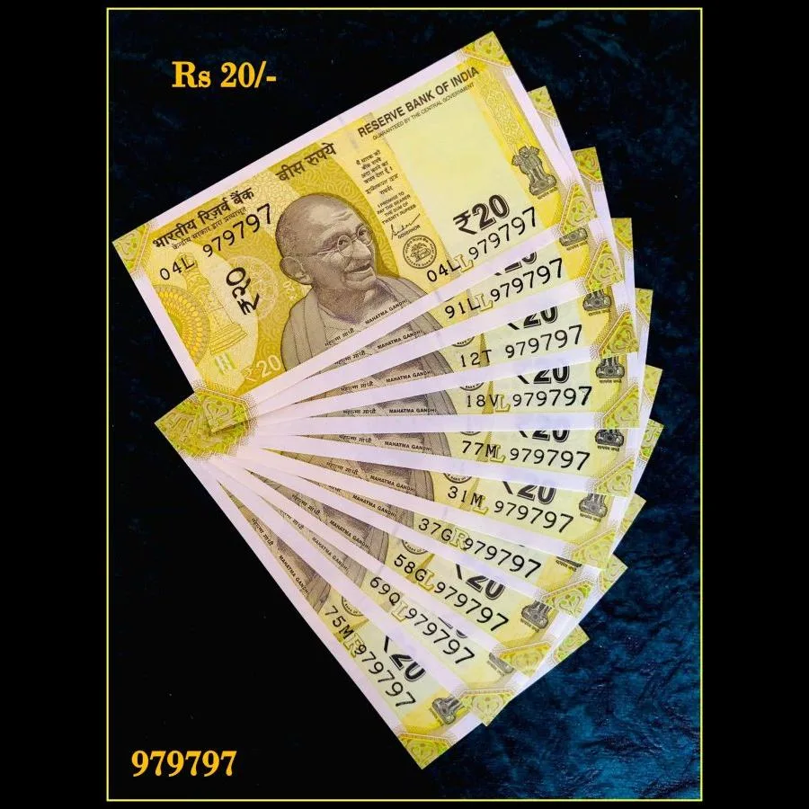 Rs 20 India Banknote Tripling Solid Fancy 10 Note Set Number 979797 Gem Unc Unique and Rare