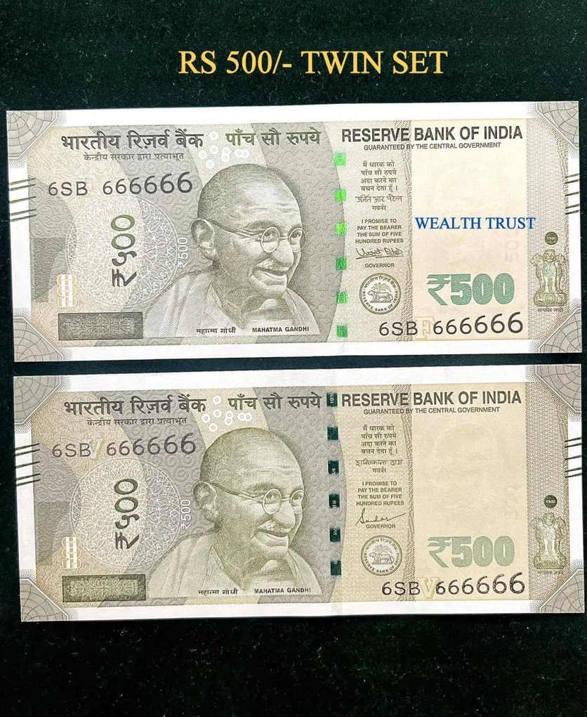 Rs 500 Twin Pair Gem Unc Very Unique Banknote Set Super Solid Number 6SB 666666