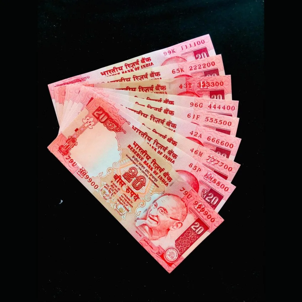 Rs 20 India Banknote Set 111100 to 999900 GEM UNC Unique 9 Note set Small Font Issue