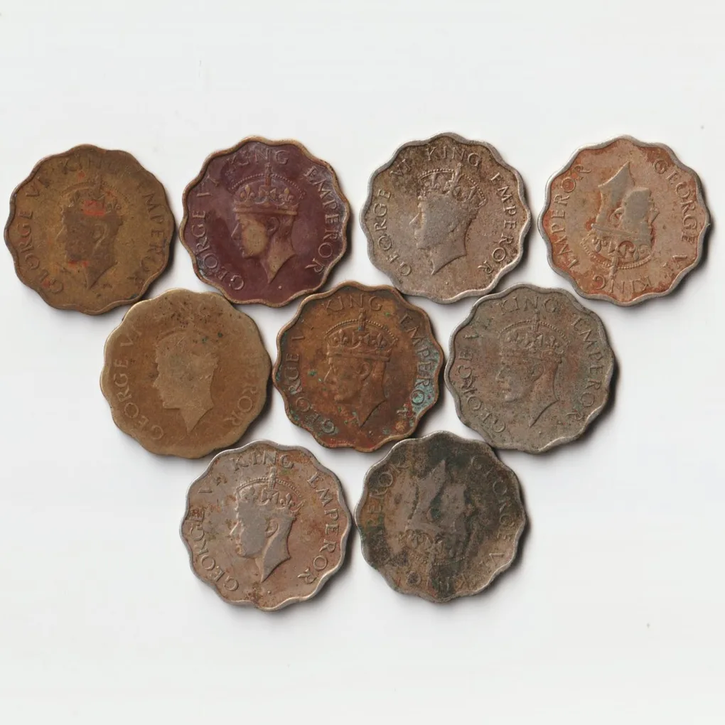 Extremely Rare 9 Coins Set of One Anna Different Dates Nickel Brass Coins of George VI British India Coinage