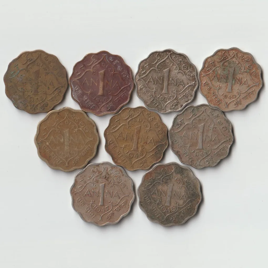 Extremely Rare 9 Coins Set of One Anna Different Dates Nickel Brass Coins of George VI British India Coinage